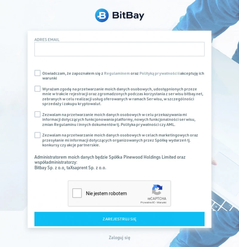 Rejestracja na Bitbay przy użyciu adresu email